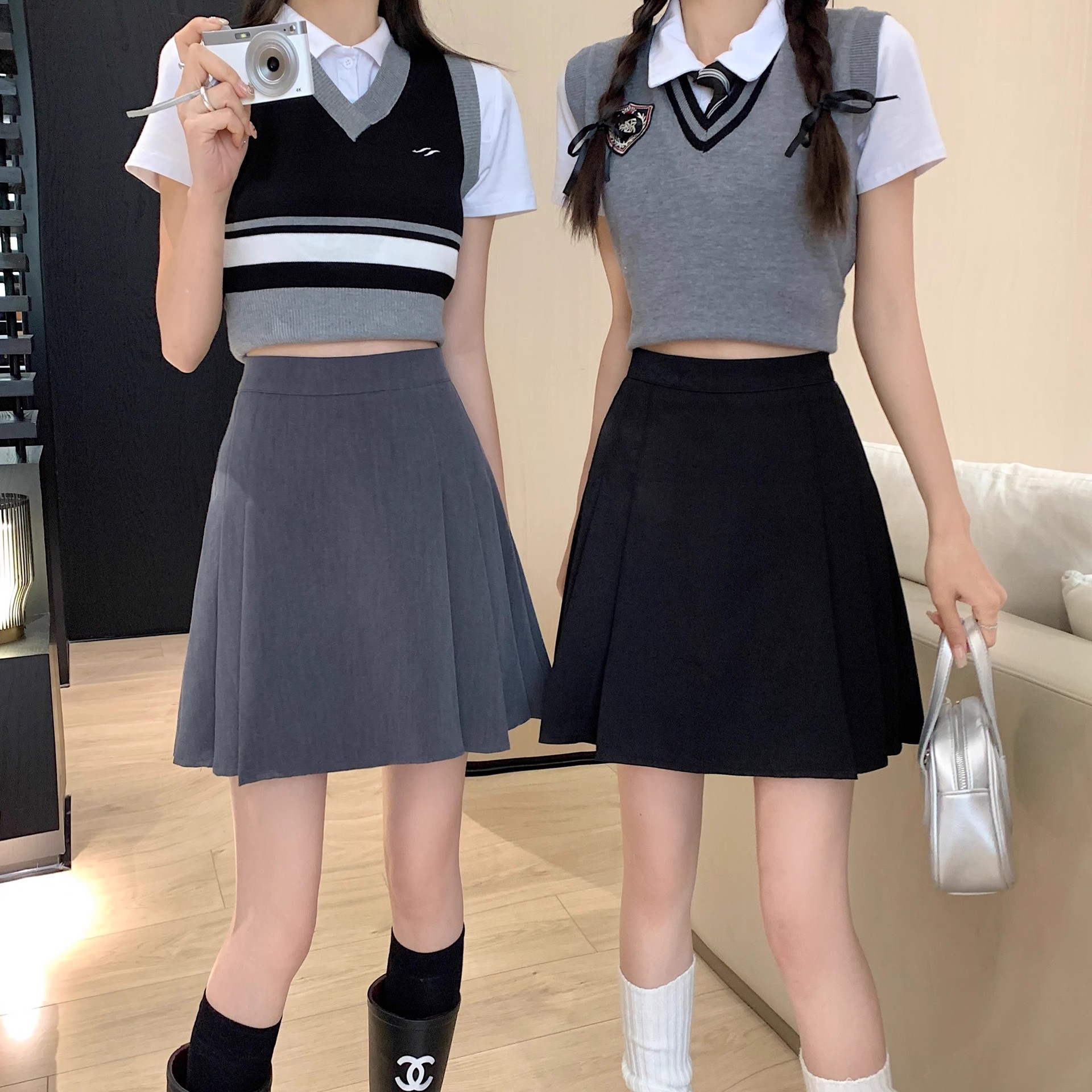 Black A- line Short Skirt 2024 Summer Small All-match Slimming High Waist Pleated Skirt Women's Anti-walking New
