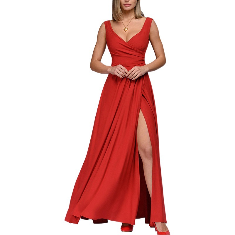 Amazon Sexy-Sleeveless Dress Scandinavian Sexy Summer Waist Sleeveless Deep V Slit Skirt for Women