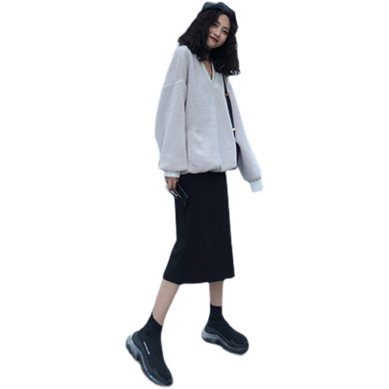 Picture of Black Skirt Women's Spring and Autumn Slimming Split Mid-length Large Size Chubby Girl High Waist A- Line Step Skirt Summer Fashion