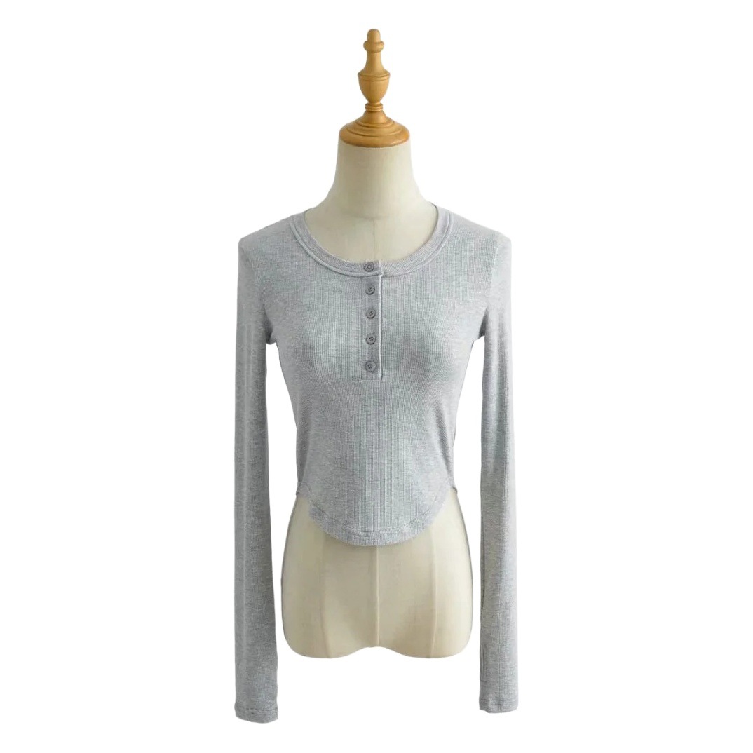 Ins European and American-style Early Autumn New Yoga Fitness Long-sleeved T-shirt Elastic Top Curved Breasted Thread Base Shirt
