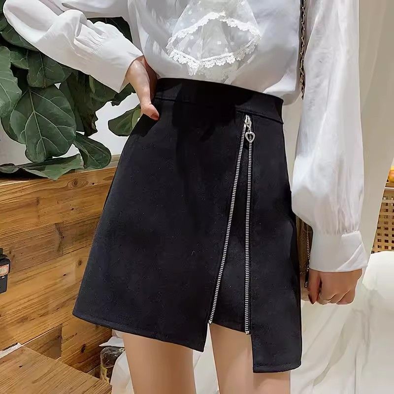 Autumn and winter black woolen new fashion irregular skirt black plus size versatile high waist slimming skirt