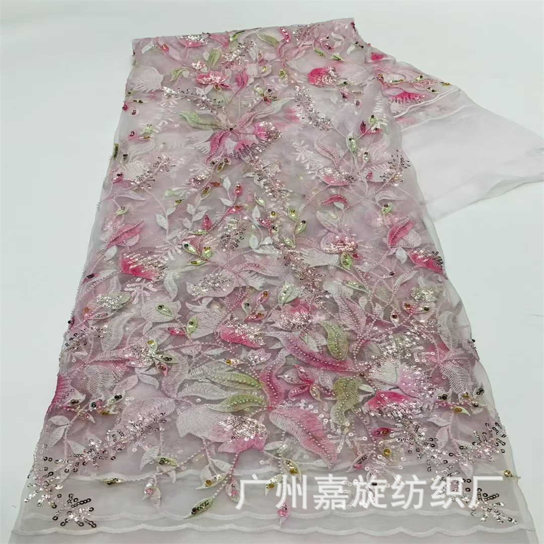 Ethnic style double bead sequin positioning print leaf pattern embroidery fabric dress wedding dress mesh fabric