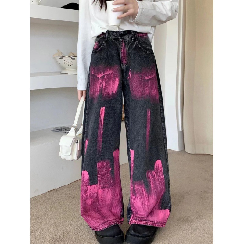Picture of American Style High Street Flame Graffiti Tie-Dye Design Sense 2024 Jeans Women's Spring High Waist Loose Wide Leg Pants