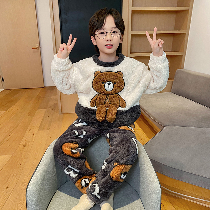 Picture of Autumn and Winter Plush Children's Pajamas Boy's Cute Cartoon Thickened Warm Coral Fleece Children's Home Clothes