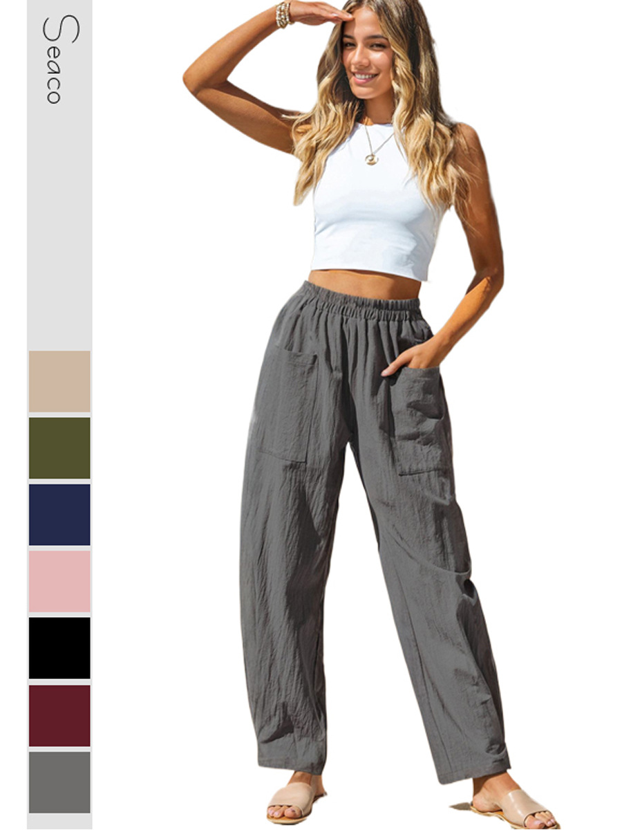 European and American Export Women's Clothing Amazon 2024 Women's Cotton and Linen Casual Pants Holiday Style Elastic Waist Banana Pants Work Bag