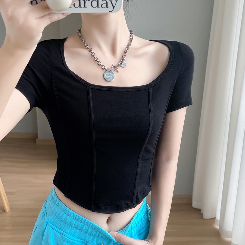 [95 Cotton 5 Spandex] Shoulder Fish Bone Short Sleeve T-Shirt Women's Summer Slim-fit Niche Slimming Short Pure Sweet Top