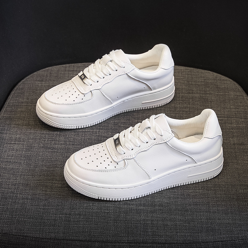 First-Layer Cowhide White Shoes for Women Air Force Versatile Shoes Thick-Soled Pure Genuine Leather Casual Sneakers Large Size Women's Shoes 41-43