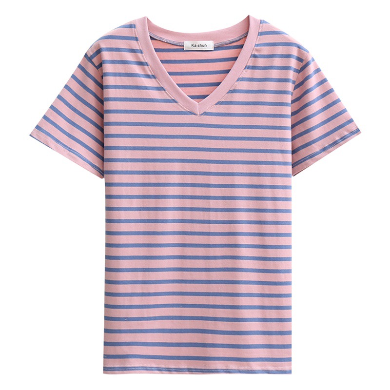 Cotton Short-sleeved T-shirt Women's 2024 New Summer Dress Mother Half-sleeved Striped Shirt Loose plus size Belly Covering Top V-neck