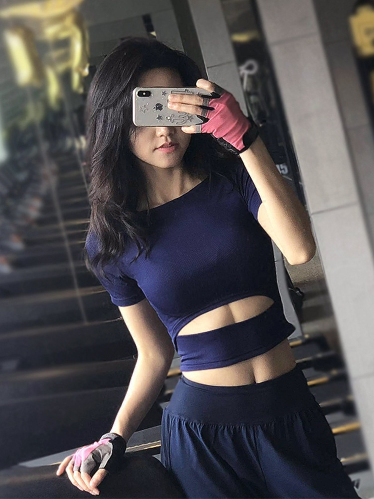 Fitness wear, women's trendy tight cropped cropped sexy slimming sports top, quick-dry short-sleeve T-shirt for running