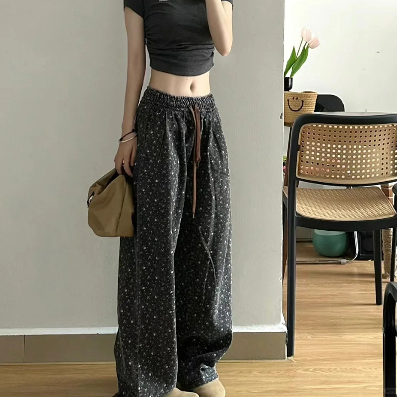Wholesale Autumn and Winter New Korean Style Jeans Retro Floral Loose Wide-Leg Versatile Thick Straight-Leg Casual Pants for Women