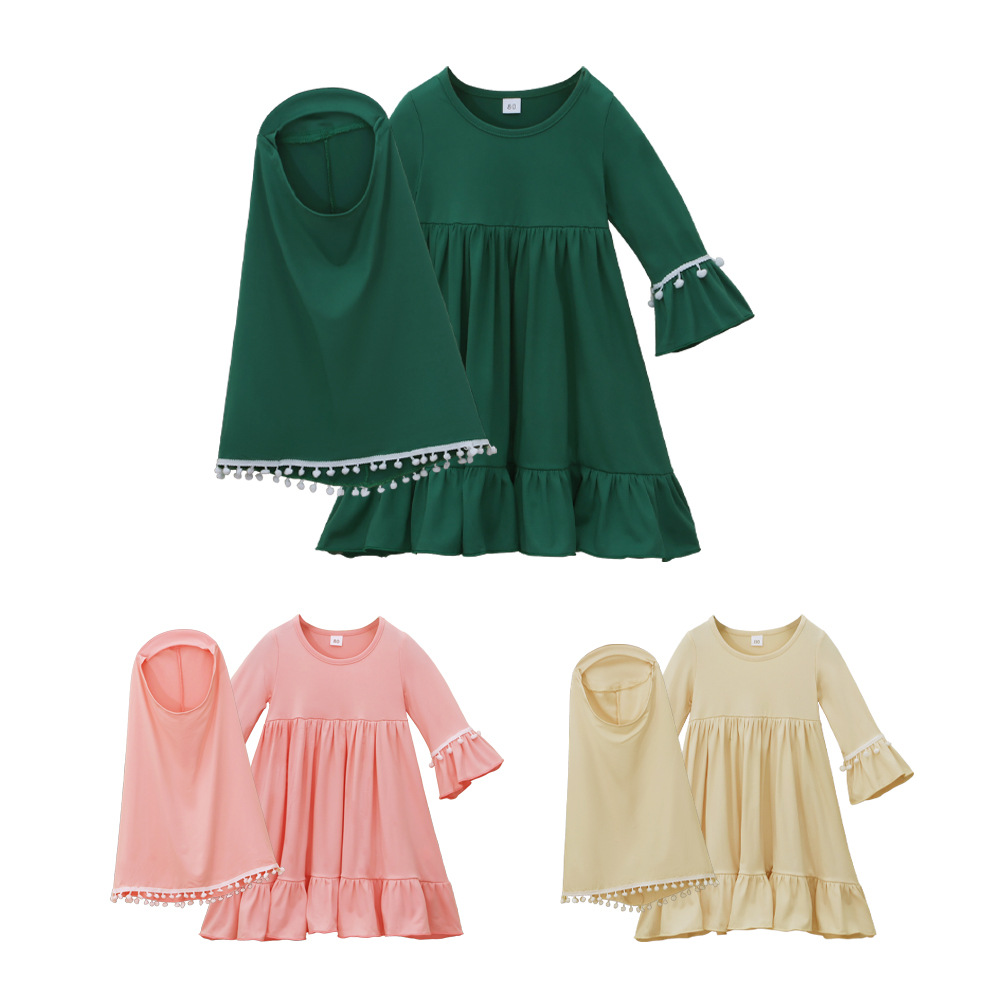 Women and Children's European and American Spring and Autumn Long Sleeve dress Long Dress Turban Two-Piece Children's Dress Ins