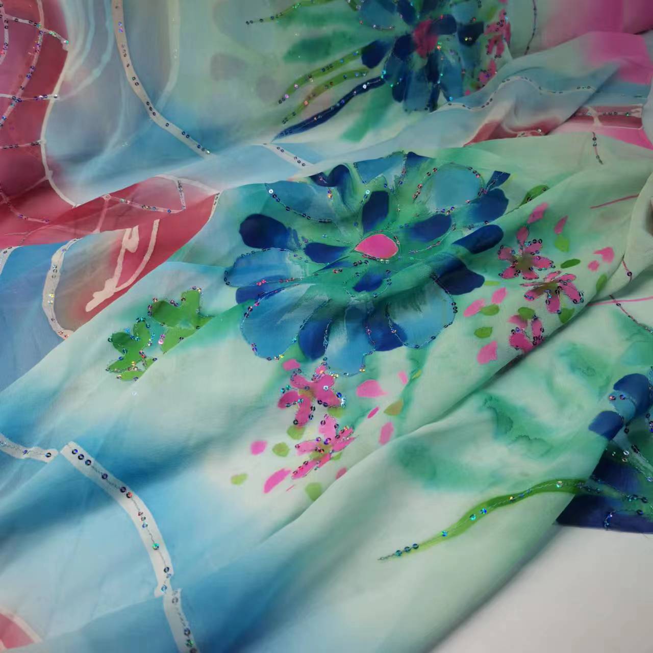 Sequin Embroidered Mulberry Silk Georgette Fabric 8mm Narrow Fashion Costume Han Dynasty Skirt Hijab Silk Fabric