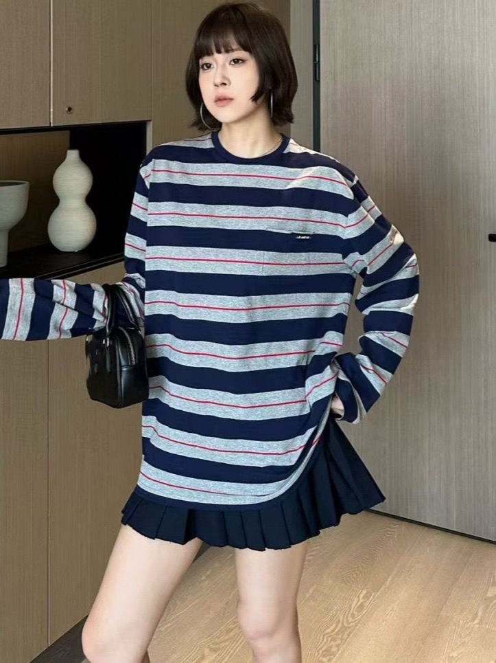 Miumiu Summer and Autumn Long-Sleeved Women's Bottoming Women's New Simple and Versatile Long Straight Version Stripesd Cotton T-Shirt