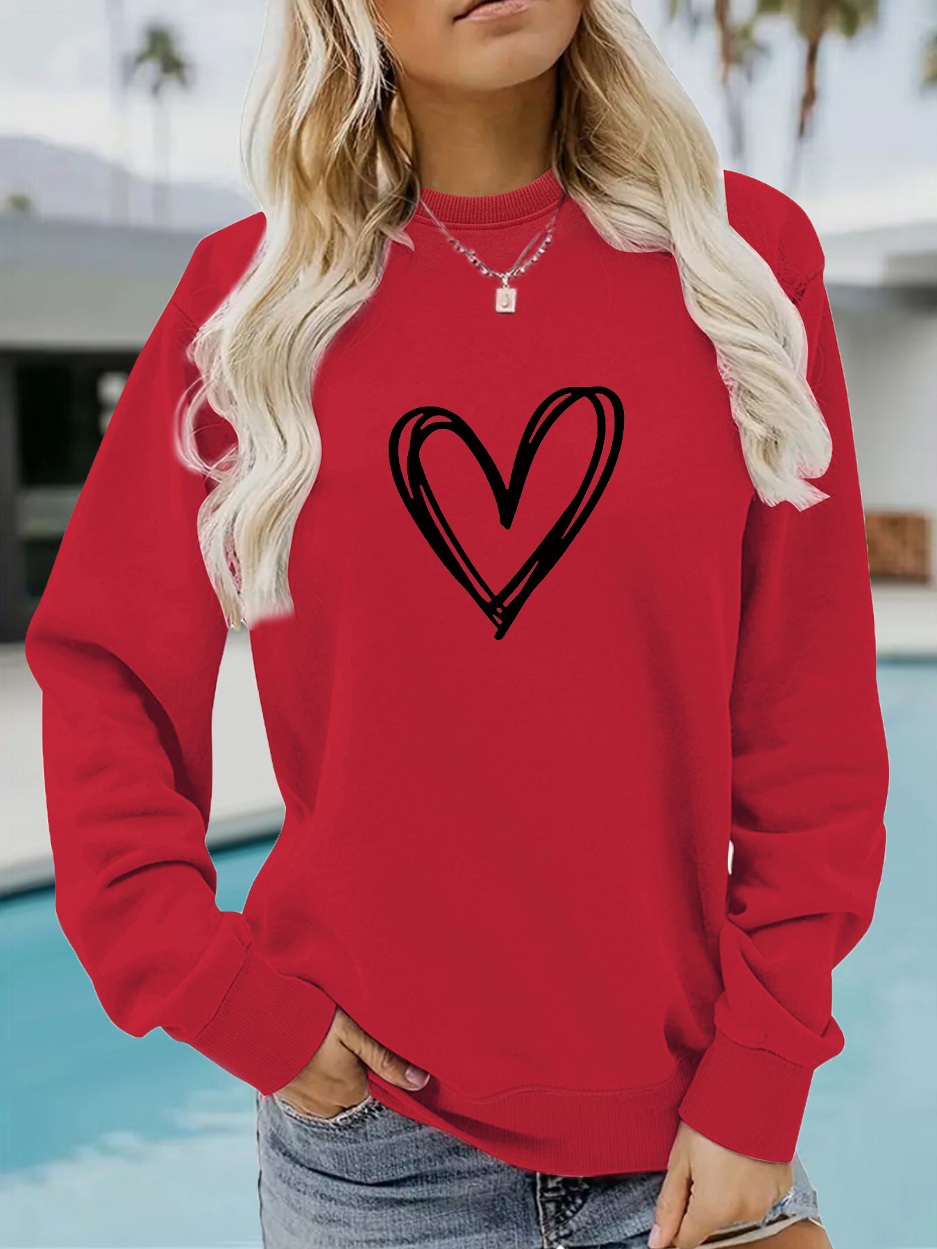 Picture of Europe and the United States cross-border autumn and winter women's casual long sleeve round neck heart-shaped printed pullover sweatshirt sweater wholesale
