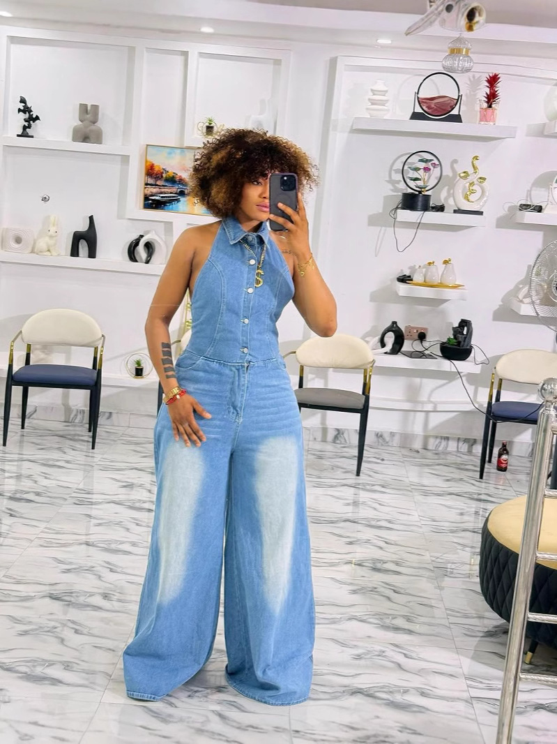 Picture of Cross-border Amazon summer new women's European and American style lapel neck single-breasted backless Denim jumpsuit trousers