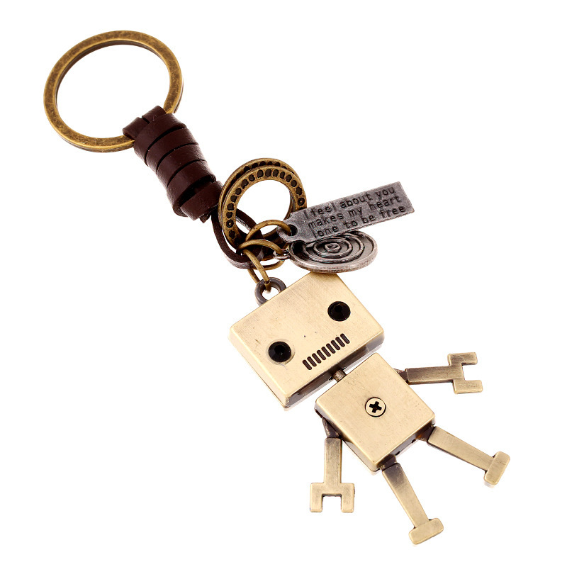 Hand-woven vintage cowhide keychain cute movable robot key chain student bag pendant accessories