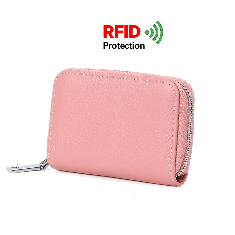 Picture of Zipper card holder unisex first layer cowhide rfid anti-theft brush magnetic leather female card holder