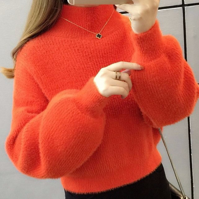 No hair] imitation mink velvet sweater women's little 2024 autumn and winter new lantern sleeve base loose sweater