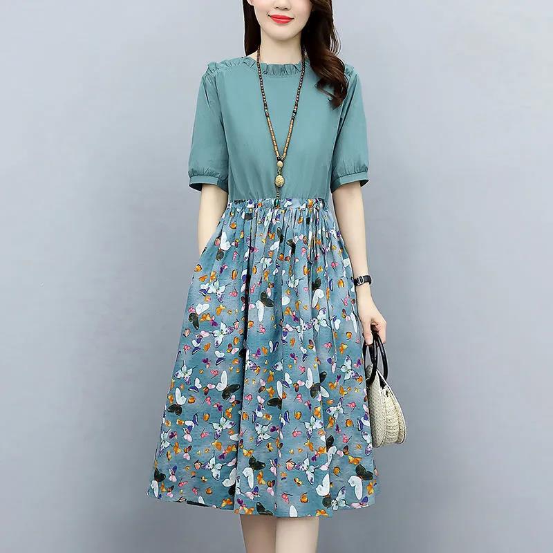 Cotton and linen floral stitching dress women's summer 2023 new niche design temperament age-reducing A- line skirt fashion