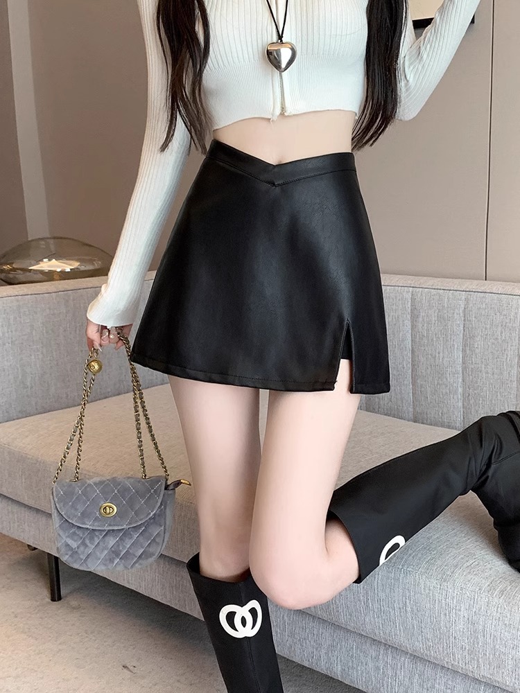 Black pu leather skirt women's autumn slit skirt sexy A- line skirt hot girl high waist slim hip skirt