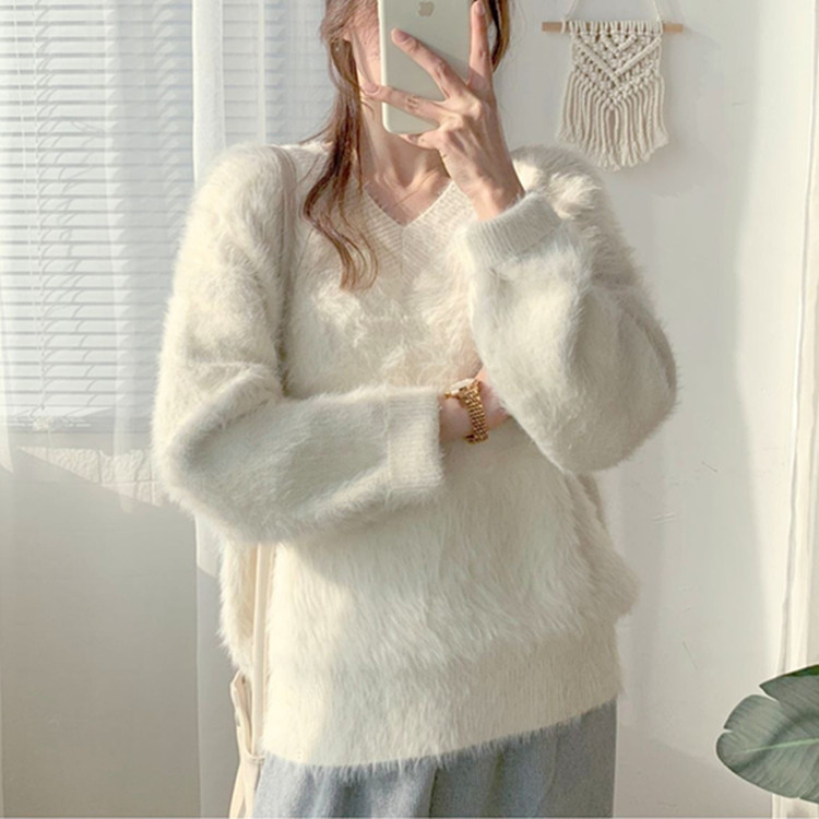 Picture of Mink Hair Imitation Mink Cashmere Sweater Women's Autumn and Winter Thickened Pullover Winter Loose Lazy Style Mohair V-Neck Top