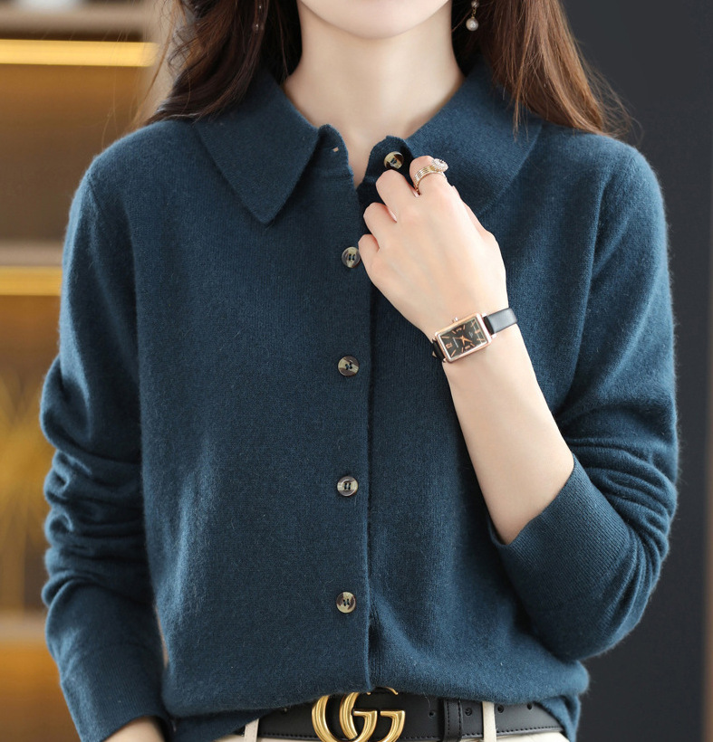 Picture of Spring and Autumn POLO Collar Shirt Women's Outerwear Loose Long-sleeved Sweater Non-cashmere Lapel Knitted Cardigan Top Jacket