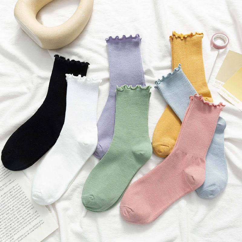 Women's Mid-calf solid color fungus lace spring and summer ins trendy Japanese jk pile socks sweet cute stockings