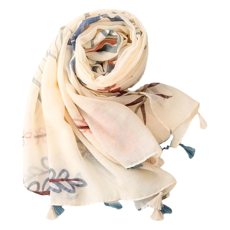 Small Fresh Plain Beige Bottom Floral Silk Towel with Tassel Thin Artistic Vintage Gauze Cotton Linen Hand Scarf for Women