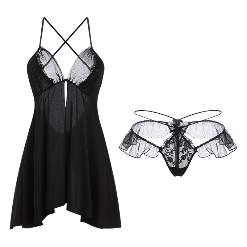 Guiruo Spring and Summer Sexy Backless Temptation Ice Silk Pajamas Pure Color Mesh See-Through Suspender Skirt Home Wear Set 2661