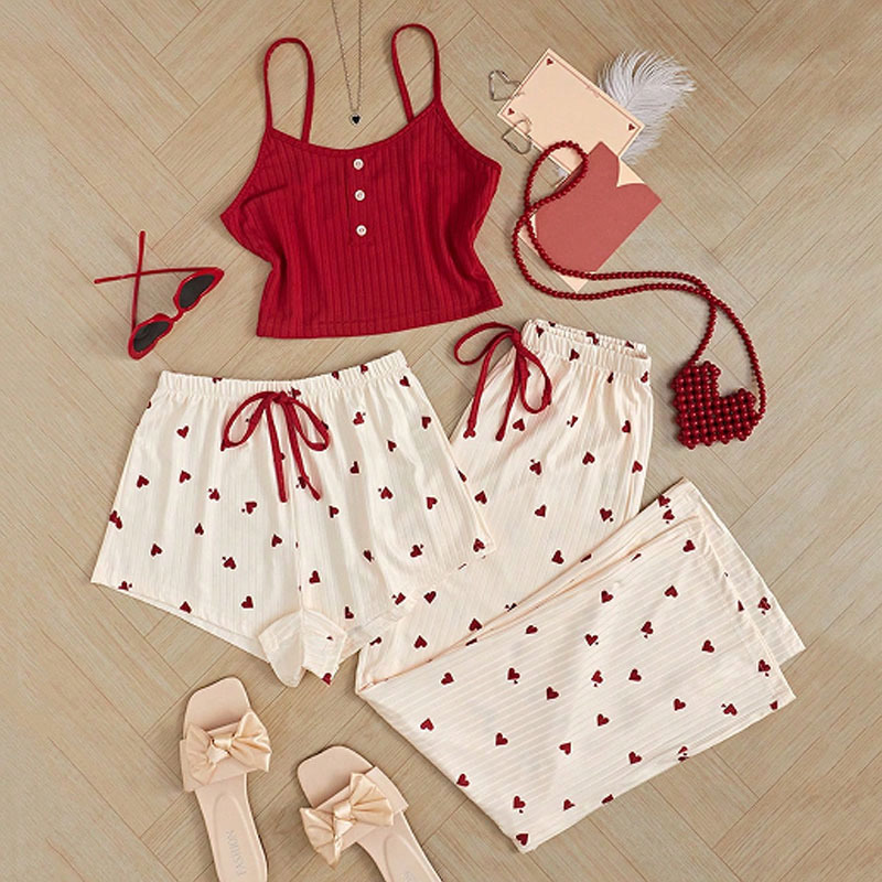 Pajamas for Women Summer New Style Sweet and Cute Girl Three-piece Suit High-end Suspender Shorts Pants Home Wear Trendy