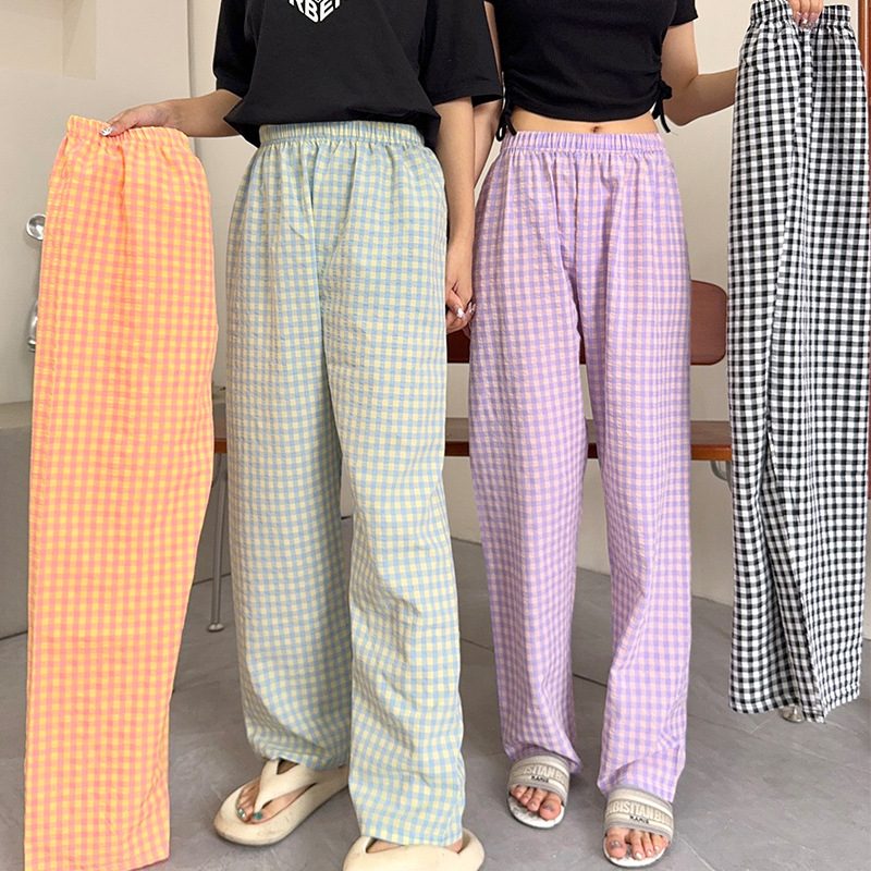 Summer Thin Candy Color Korean Style Cotton Plaid Shorts Women's Sports High Waist Loose Casual Straight Pajama Pants