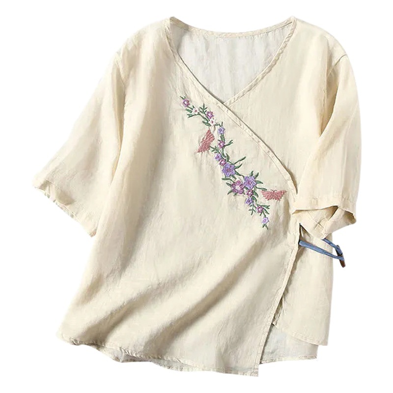 Thin Cotton and Linen Top Women's Ethnic Style Vintage Olive Wooden Buckle Slant Placket Embroidered Loose Half Sleeve Pullover Shirt Trendy