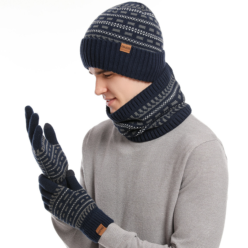 Picture of 2025 European and American Autumn and Winter Men's Warm Woolen Hat Knitted Thickeneded Adult Hat Neck Scarf Gloves Three-Piece Set Manufacturer