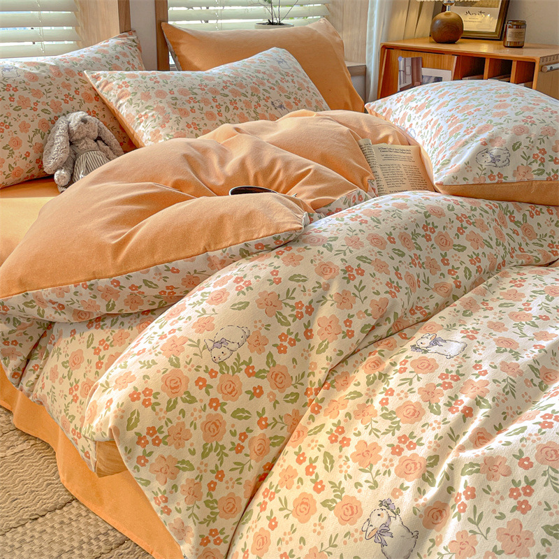 Pastoral Style Thickened Brushed Four-Piece Set for Autumn and Winter, Simple Printed Duvet Cover, Bed Sheet, Fitted Sheet, Three-Piece Set, Nantong Home Textiles