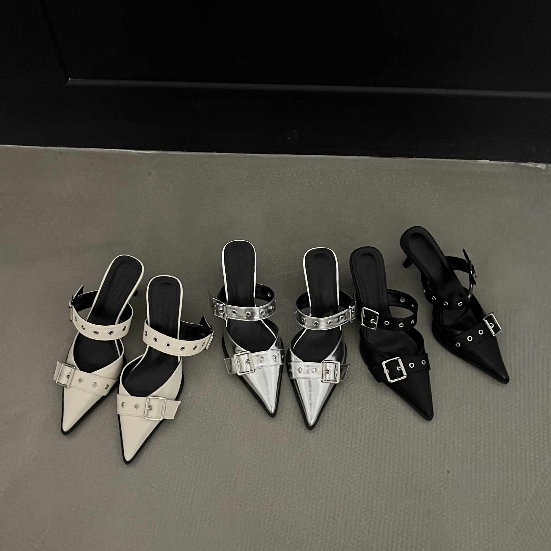 Summer 2023 ~ Pointed Belt Buckle Thin Heel Belt Buckle Single-layer Shoes Women's European and American Baotou silver Back Empty High Heel Sandals