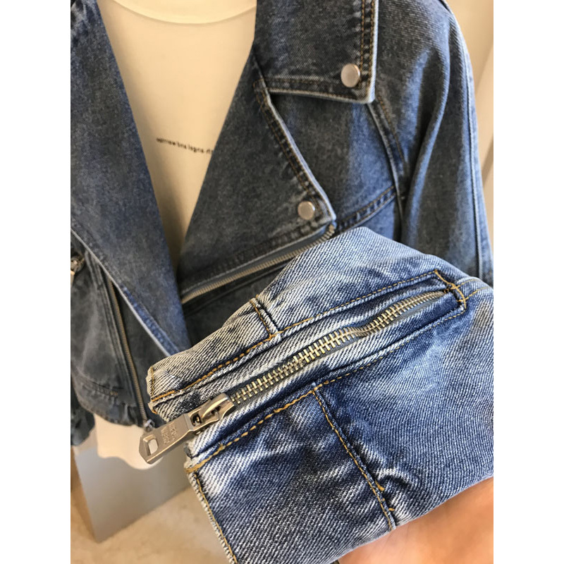 Picture of Fried Street section ~ trend is full, fashionable fine love! Motorcycle Large Lapel Zipper Long Sleeve Denim Jacket