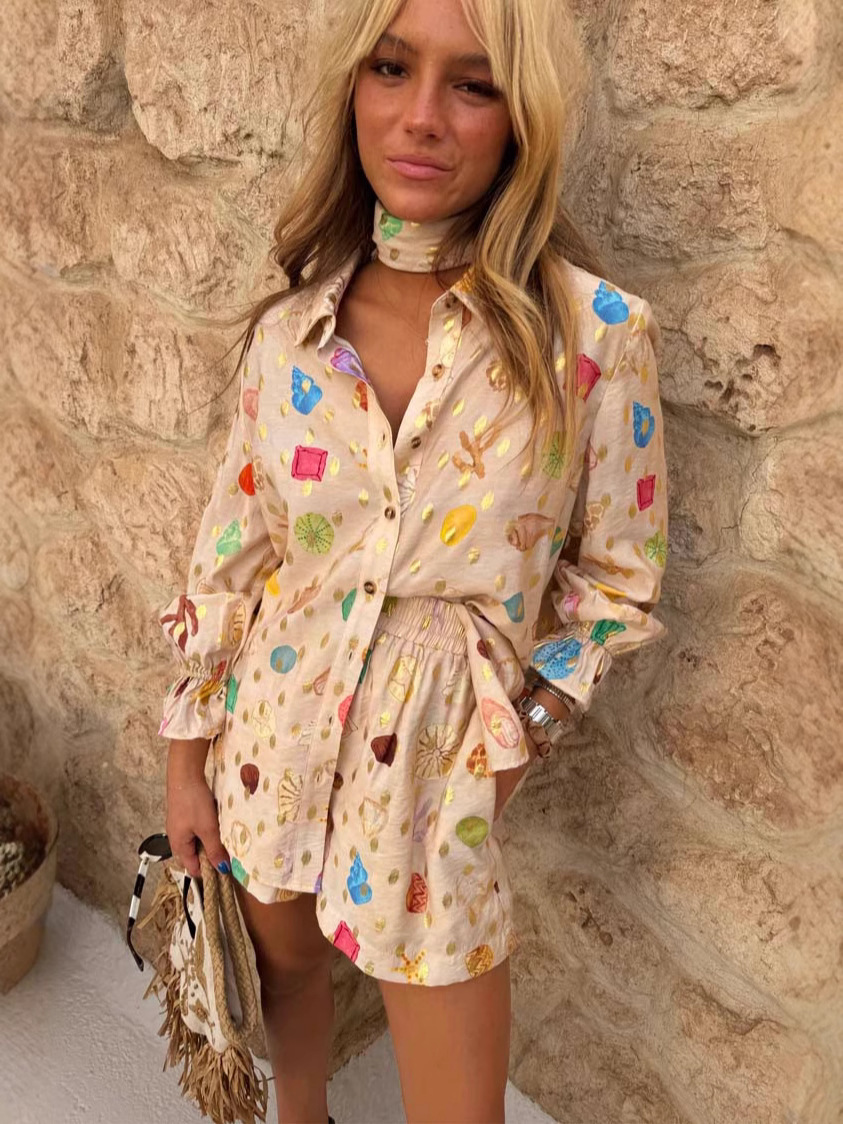 European and American Cross-Border 2025 Aliexpress Amazon Independent Station Personalized Fashion Linen Bronzing Shirt Collar Long-Sleeved Suit