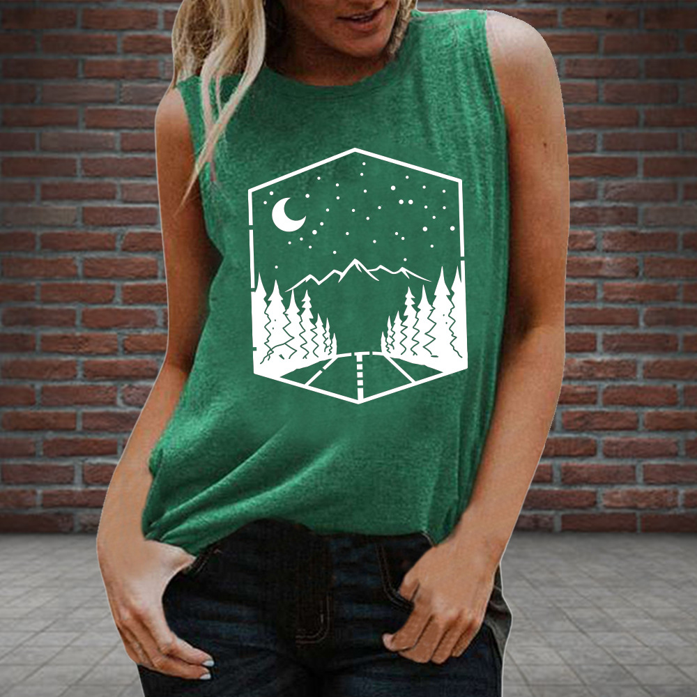 2020 Spring cross-border new mountain night road retro printed pattern women's T-shirt sleeveless vest