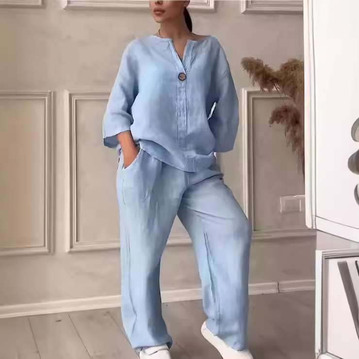 Picture of Amazon 2025 Europe and the United States cross-border new women's independent station AliExpress fashion solid color cotton casual suit pants