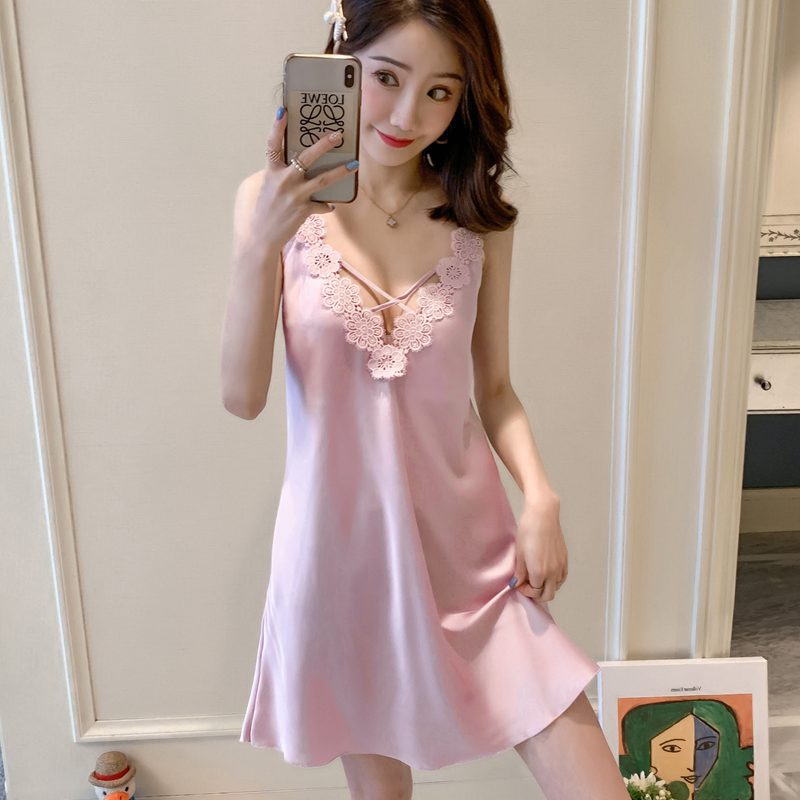 Sling Pajamas Women's Spring and Summer Ice Silk Lace Sexy Cute Princess Nightgown Women's Private Emotional Home Clothes