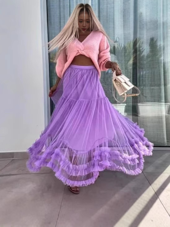 Cross-border foreign trade ebay super-large pendulum design fashion sweet fungus lace a word puffy mesh skirt women