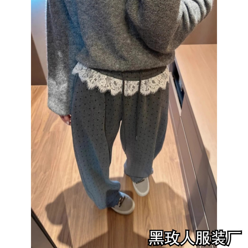 Lace polka dot straight leg slacks women's spring 2025 new lazy style high-waisted slimming loose wide-leg pants