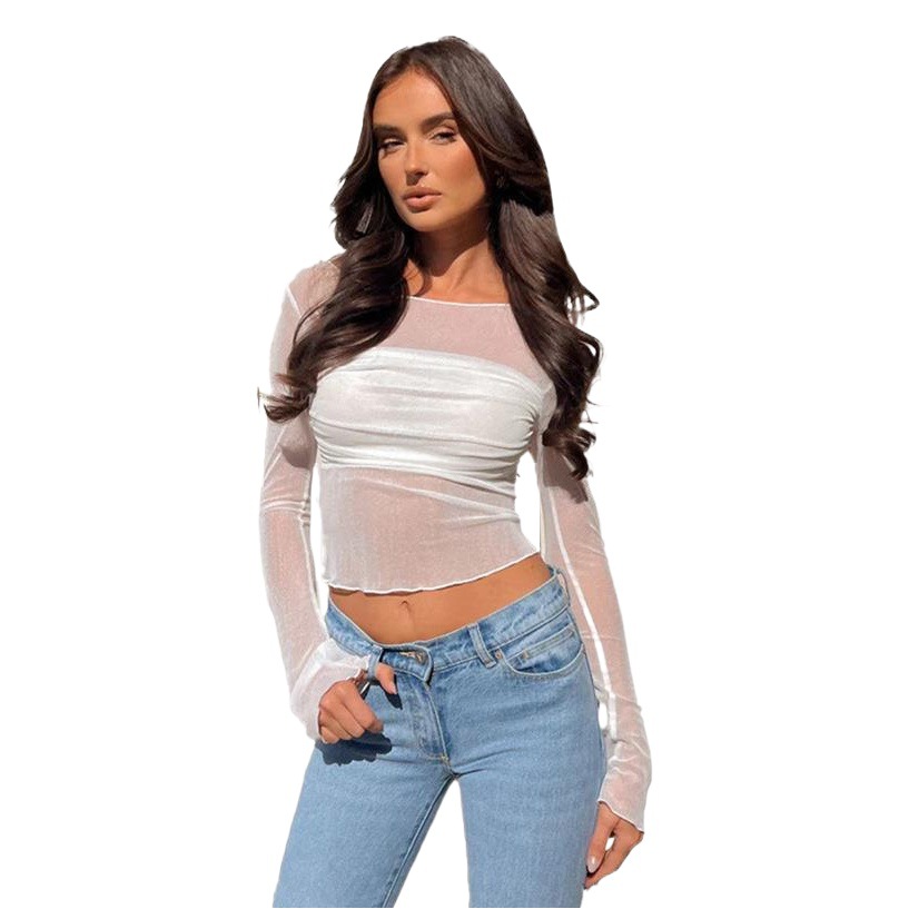 Jy23439 Internet Celebrity See-Through Sexy Off-Shoulder Top, New Autumn Mesh Slim-Fit Versatile Long-Sleeve Feminine Top