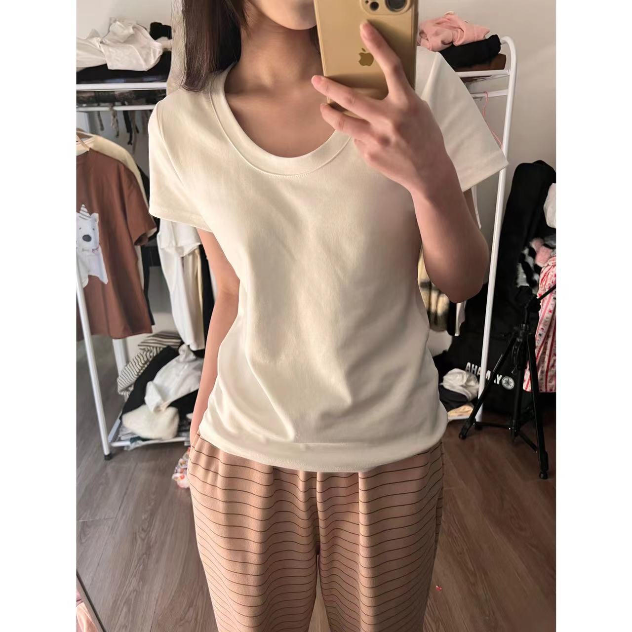 Picture of Right Shoulder Short-Sleeved U-Neck T-Shirt Women's Summer 2025 New Rayon Slim Low Round Neck Basic Bottoming Top