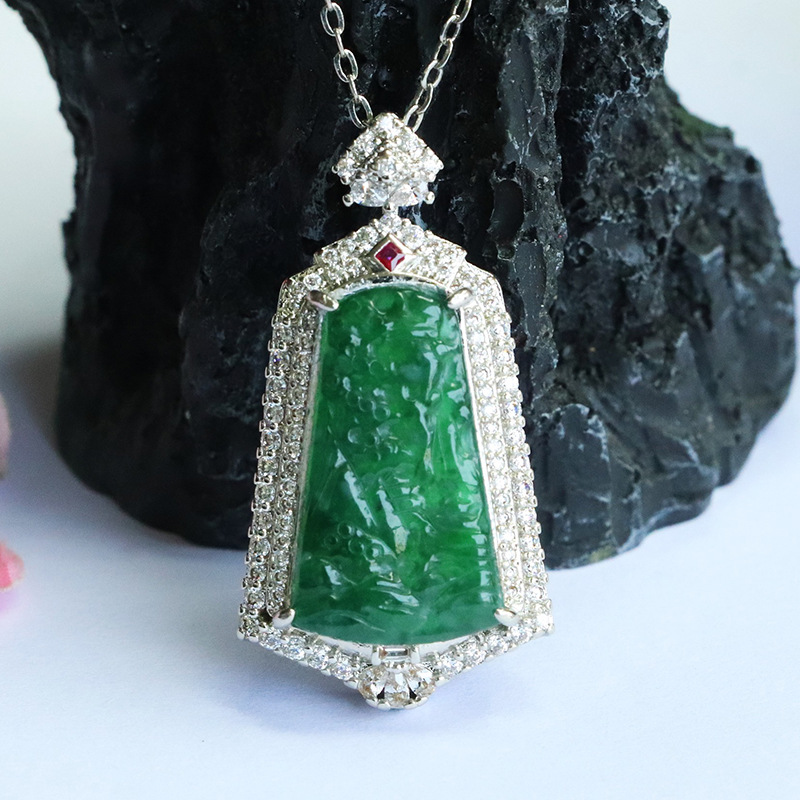 Xinyu Natural A-Grade Jadeite Full Green Landscape Pendant Jade Necklace Live Hot Sale Wholesale Fc5040204