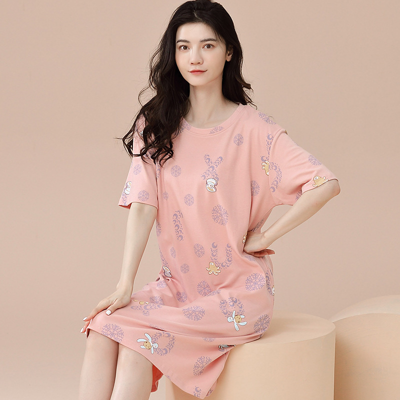 Women's Summer Pure Cotton Thin Short-sleeved Comfortable Cartoon Cute Students Mid-length Dress for Outer Wear