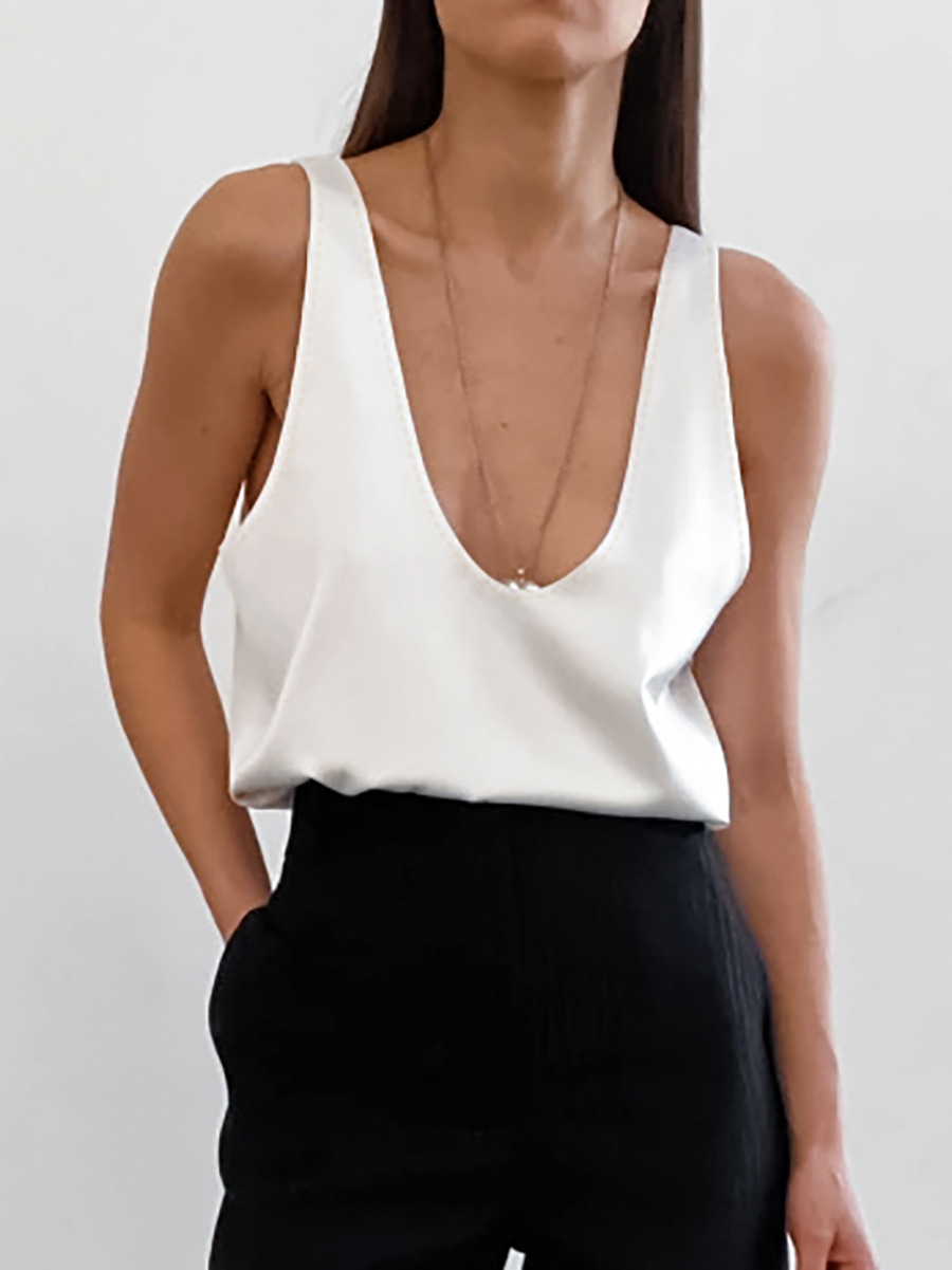 Picture of 2025 Summer New Pure Color Satin U-Neck Sleeveless T-Shirt European and American Versatile Street Style Vest Wholesale for Women
