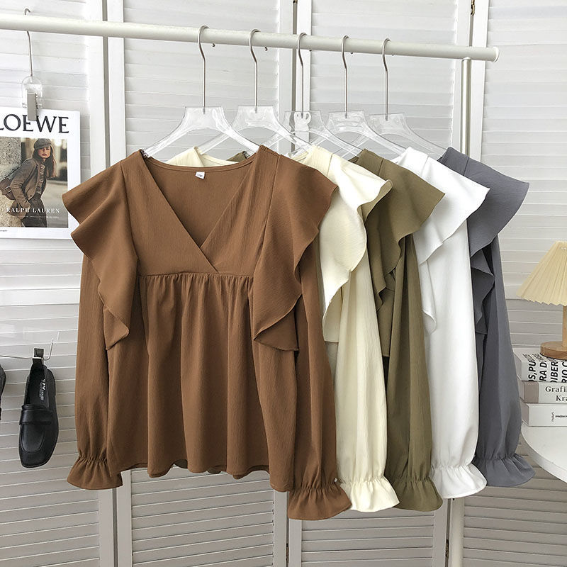 Picture of Autumn 2022 Korean-style Retro All-match Loose V-neck Ruffled Long Sleeve Outer Wear Solid Color Doll Shirt Top