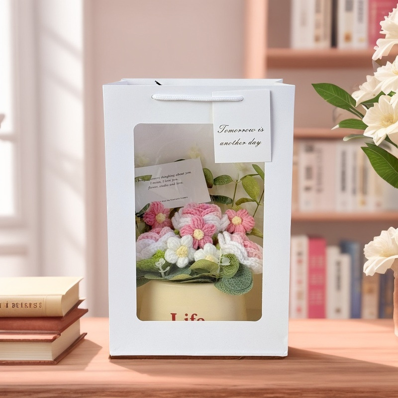 Picture of Creative bouquet knitted flowers diy material hand-woven potted finished desktop ornaments send goddess send mother