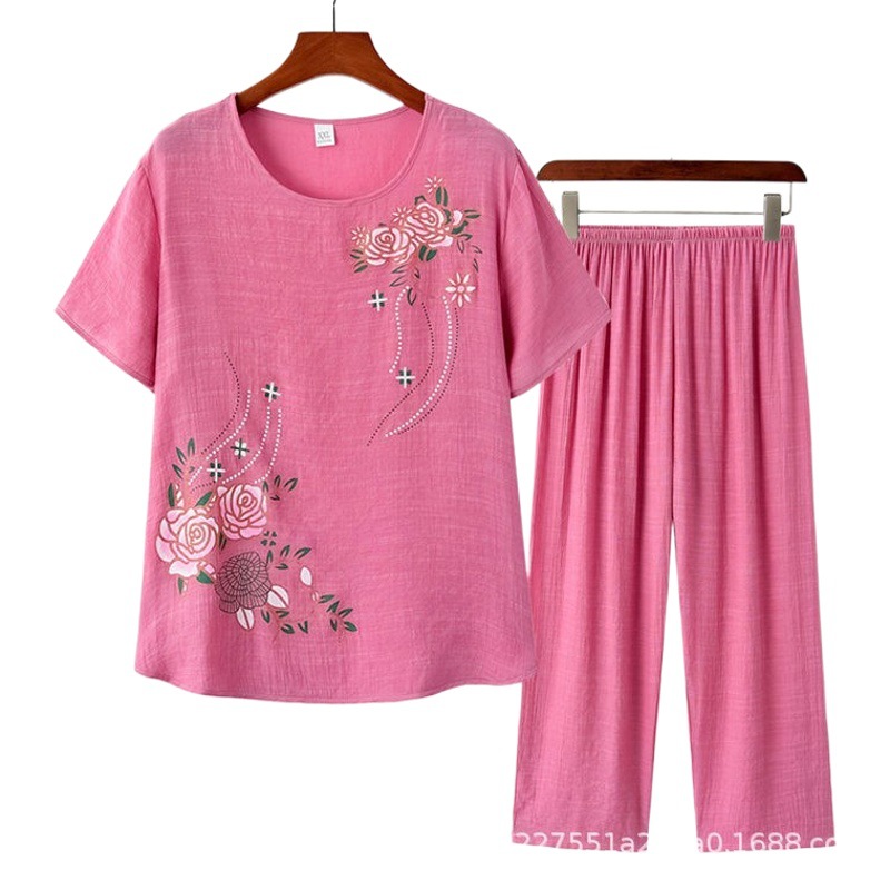 Middle-aged Summer Women's Short-sleeved Mother's Casual Two-piece Loose Large Size Grandma's Cotton and Linen Suit